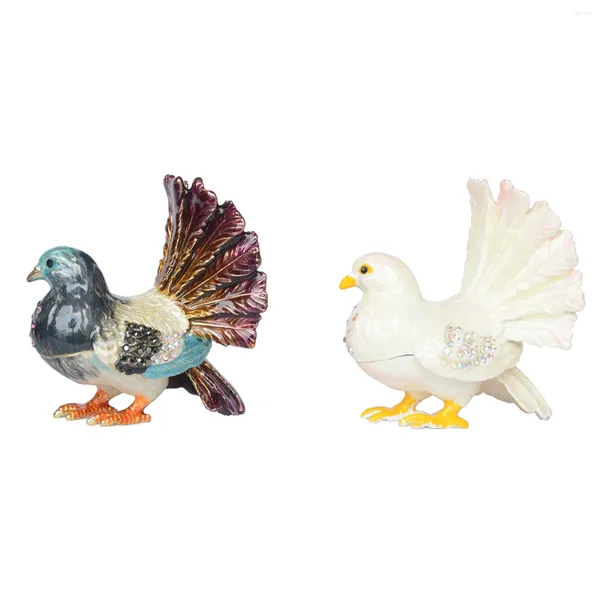 Figurines décoratines Boîte à bijoux émaillée Métal-oiseau artisanal Figurine Collectable Bijoux Anneau Pigeon Organisateur Pigeon