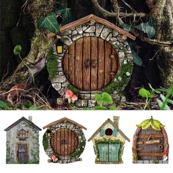 Figuritas decorativas con diseño grabado, puerta de Gnomo de Hada en miniatura de madera, ventanas, adorno para césped, decoración de jardín, regalo para niños al aire libre