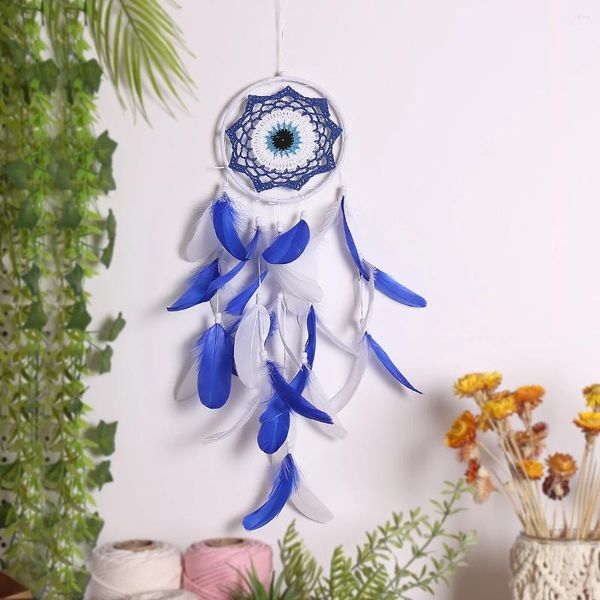 Figurines décoratines Ratcher de rêve pour les yeux avec plume bleue et blanche pour suspension de la fête de pendentif cadeau décoration murale de salle à la maison