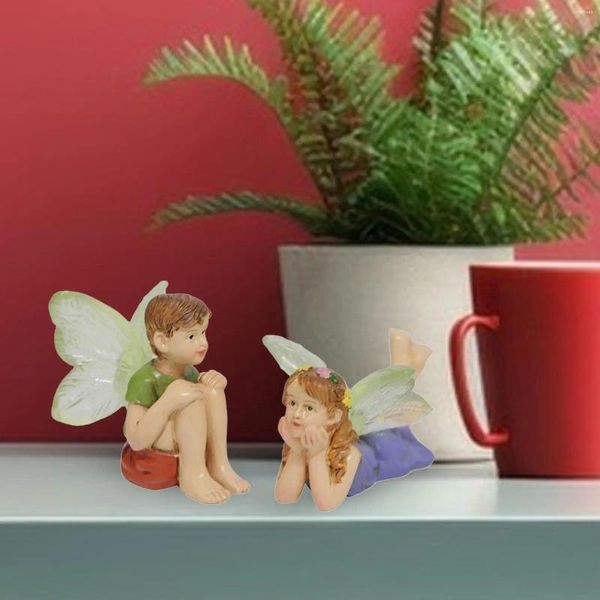 Figurines décoratives accessoires de jardin féerique garçon fille figurine en résine plantes en pot et mini décorations de pelouse ornement de paysage miniature