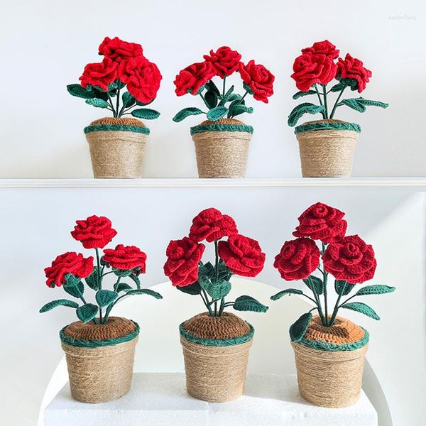 Figurines décoratives mode artificiel chinois roses bonsaï fausses fleurs artisanat en tricot en pot pour table de chambre à la maison cadeaux de fête de mariage