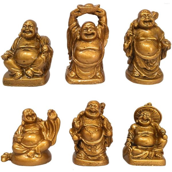 Figuras decorativas Feng Shui Set of 6 Resin 2 '' Riendo Buda Gold Lingote Decoración del hogar Regalo