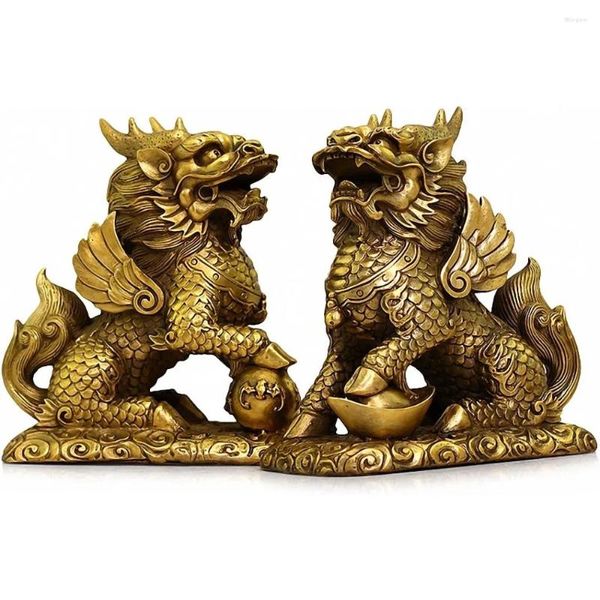 Figurines décoratives Feng Shui Ensemble de deux Laiton doré Chi Lin/Kylin Richesse Prospérité Statue Charme Chinois Attirer et Bonne Chance