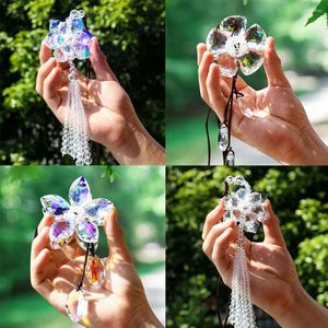 Decoratieve beeldjes vuur gepolijst AB kleur laser prisma vijf bloemblaadbloem kristal glas spacer kralen tassel hanger regenboog zon catcher