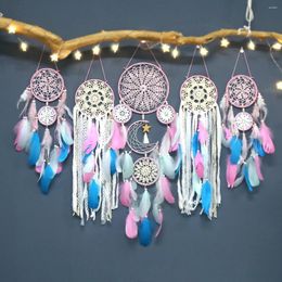 Figurines décoratives cinq arc-en-ciel Catcher de rêve avec cercle rose plume colorée décor à la maison mur suspendu pour filles cadeaux