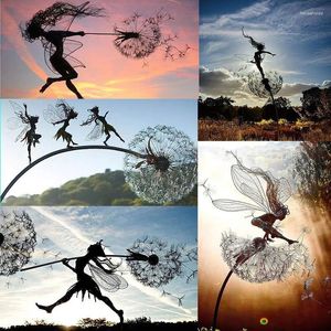 Decoratieve beeldjes Tuin Decor Gazon Landschap Sculptuur Fee Decoratie Staak Paardebloemen Metalen Elf Silhouet Ornament Voor Tuin Modern