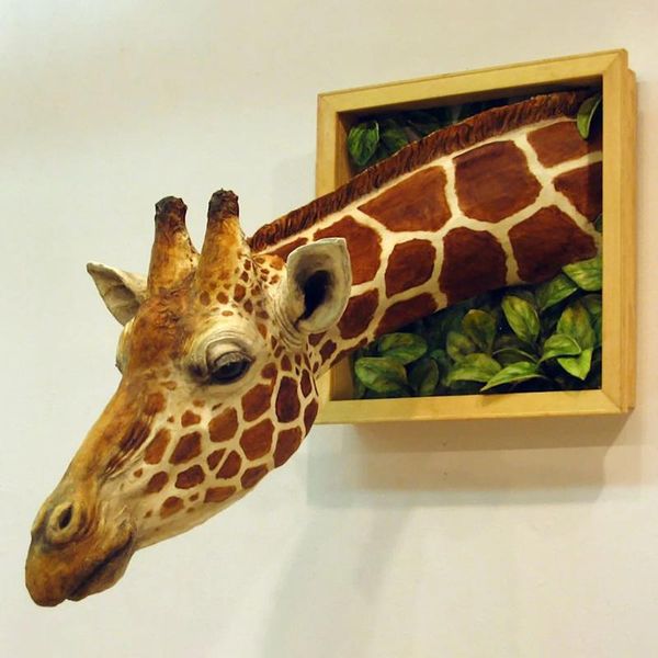 Figuras decorativas de cabeza de jirafa, decoraciones para colgar en la pared, arte escultórico montado en 3d, estatua de Animal realista, adornos para el hogar