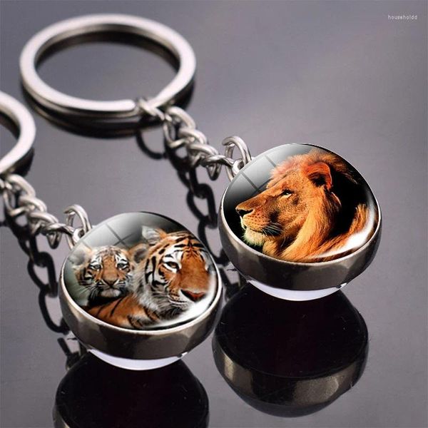 Figurines décoratives boule de verre porte-clés animal tigre loup renard lion porte-clés double face chat noir cheval et anneau de lune pendentif porte-clés