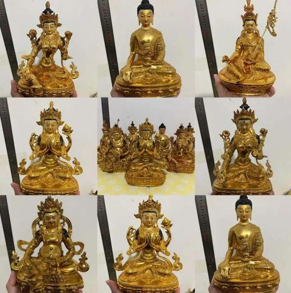 Estatuetas decorativas bom budismo dourado estátua de buda de cobre casa proteção do templo da família guanyin tara sakyamuni deus da riqueza guru