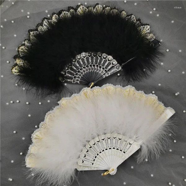 Figurines décoratines Gothic Pling Hand Fan - Feather Lolita Vintage Fans Handhed Handmade Art Art For Women Party Birthday