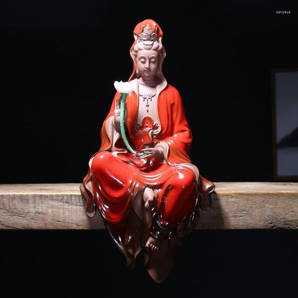 Figuritas decorativas Guanyin quemador de incienso de reflujo con luz Led Zisha Retro soporte de cerámica Zen ornamento incensario Bodhisattva hogar