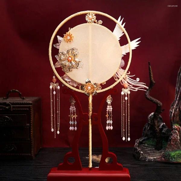 Figurines décoratives de phénix brodées à la main, éventail rond Double face à longue poignée, Style chinois, produit fini de mariée, spectacle de costumes