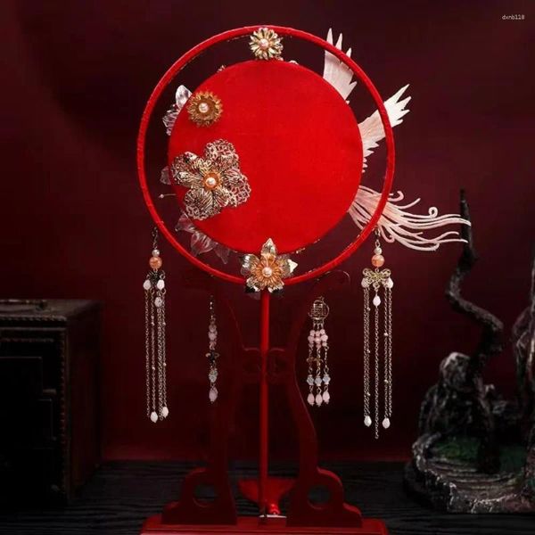 Figurines décoratives phénix brodées à la main, éventail rond à Long manche, Style chinois, produit fini Double face pour la mariée