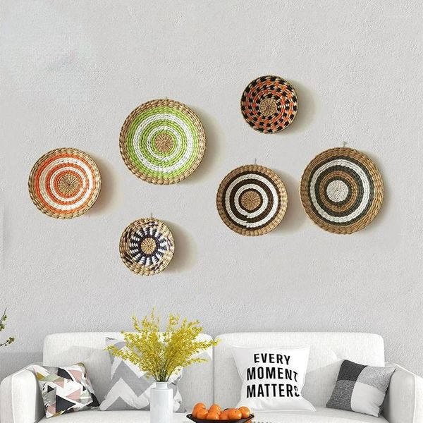 Figuras decorativas tejidas a mano estilo bohemio mimbre decoración de pared platos dormitorio sofá cama fondo colgante platos de ratán bandejas