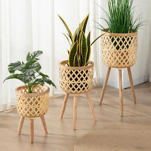 Decoratieve beeldjes Handgemaakte bamboe geweven bloempot met stand plantendisplay opslag Diy Nursery Pots Home Decoratie