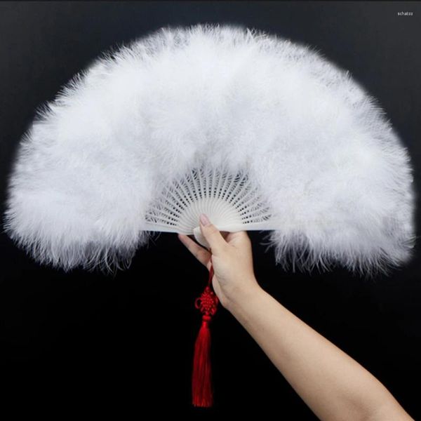 Figuritas decorativas Abanico de mano de plumas hecho a mano estilo chino damas blanco plegable fiesta de boda accesorios de adorno de baile decoración del hogar