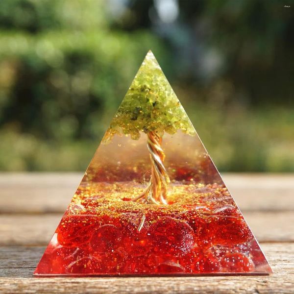 Figurines décoratives pyramide d'orgonite faite à la main 60mm arbre de vie péridot et pierre de cristal rouge guérison Cristal Reiki Orgone Chakra EMF