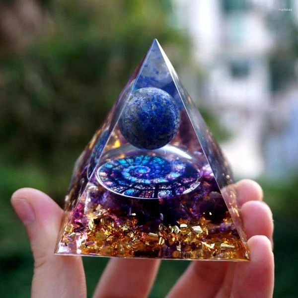 Figurines décoratives faites à la main pyramide d'orgonite 60mm LAPIS LAZULI sphère améthyste cristal naturel pierre Orgone Reiki guérison énergétique