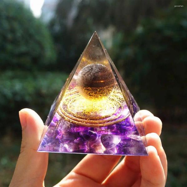 Figurines décoratives Pyramide d'orgonite faite à la main 60 mm Sphère de cristal fumé avec améthyste Pierre de cristal naturelle Orgone Reiki Guérison énergétique