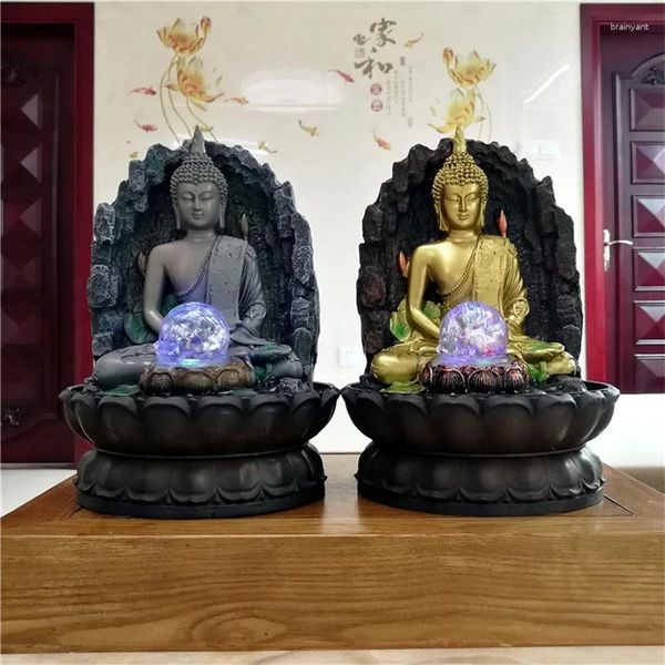 Figuras decorativas Regalo de resina hecha a mano Lotus Buda Estatua de la suerte Feng Shui Fuente de aire interior Humidificador Zen Monk Tea Table Hogar
