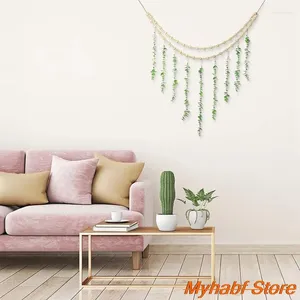 Figurines décoratives suspendues feuilles d'eucalyptus artificielles avec perles en bois Bohemian Wall Ornement Corde pour le décor de salon à domicile