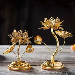 Decoratieve beeldjes Hollowgoud blad hoogbenige Lotus kandelaar Alloy Gilding Butter Lamphouder Boeddha Worshine Lampstand Voorkant