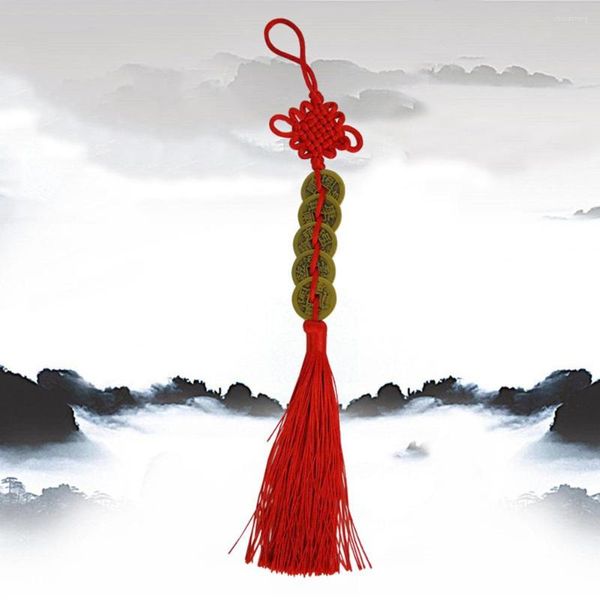 Figuritas decorativas hogar nudo chino decoración colgante buena suerte adorno hecho a mano rojo 29cm cuerda de algodón de latón coche moneda de cobre