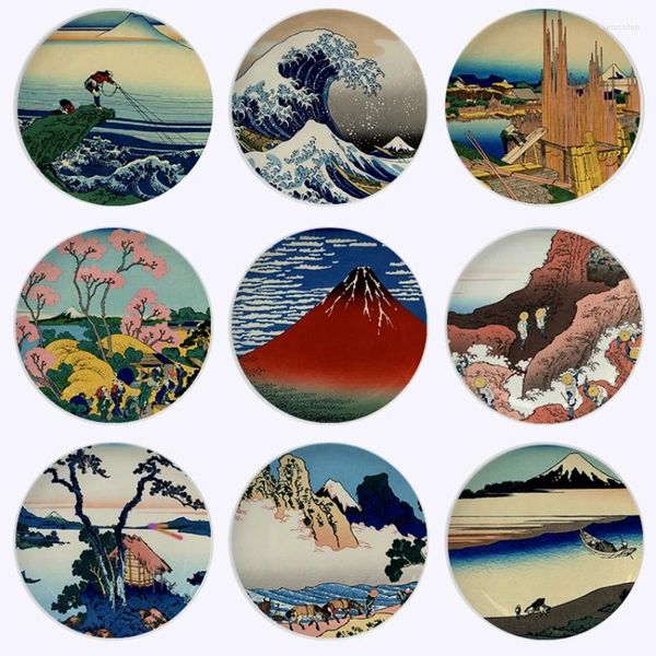 Figuritas decorativas, plato de decoración de paisaje japonés, arte Vintage, surf, montaña Fuji, restaurante, decoración de platos de pared