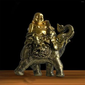 Figuras decorativas Buda sonriente montando una estatua de elefante hecha a mano Maitreya Feng Shui escultura regalos para escritorio sala de té decoración del dormitorio