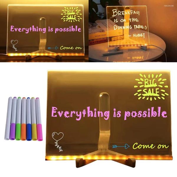 Figurines décoratines LED Note Board avec 7 stylos colorés acryliques à sec effacer le panneau de néon effaçable Écriture claire pour la maison de l'école de bureau