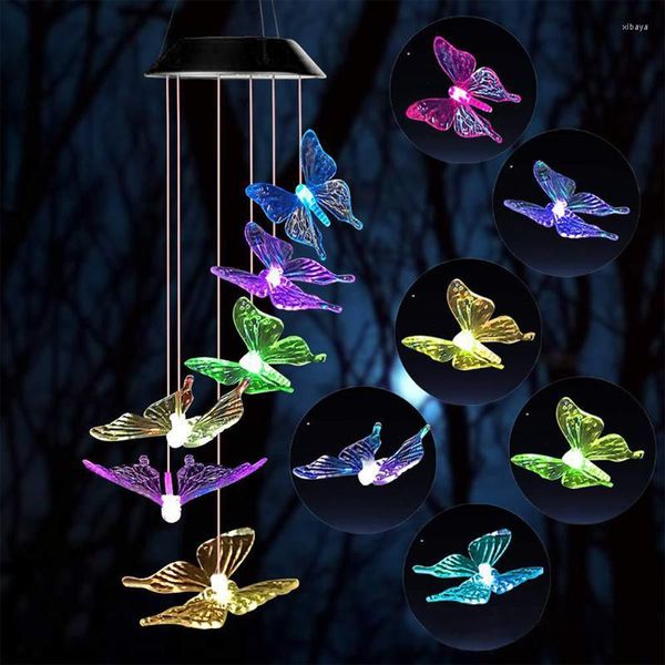 Figurines décoratives LED carillon éolien solaire papillon lumière changeante de couleur étanche carillon extérieur lampe suspendue pour jardin patio cour