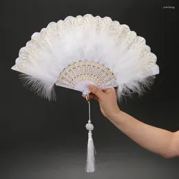 Decoratieve beeldjes Lolita Klassieke opvouwbare ventilator Retro dans Cheongsam Catwalk Fairy Girl Feather Hand Held