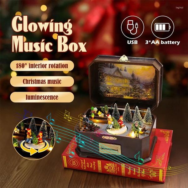 Figurines décoratives lumineuses, boîte à musique rotative de noël, arbre alimenté par USB/batterie, père noël pour enfants, cadeau de noël