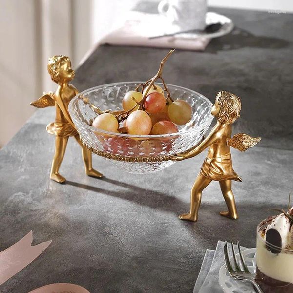 Figuras decorativas Gold Gold Brass Two Angel Elf Boys sosteniendo platos Estatuas de vidrio para el hogar Room Sala de estar Decoración Tazón de dulces