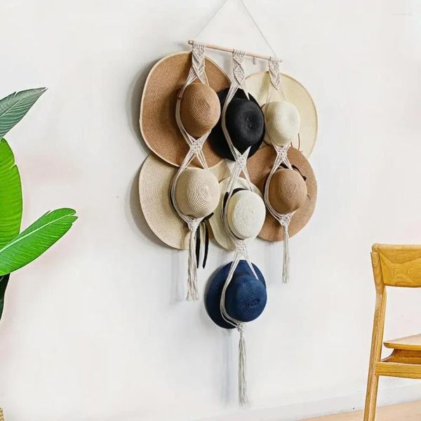 Figuras decorativas Racks Macrame Hat Hangers Rack para la pared Vaquero Organizador de la pantalla Camino de tejido de mano Bobo Colgante de colgantes