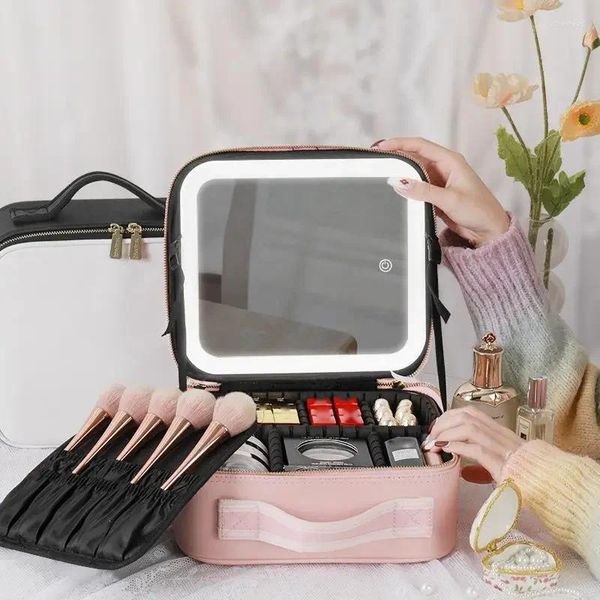 Sac de maquillage de figurines décoratifs avec miroir LED PU Cuir de voyage Case cosmétique pour femmes Boîte de rangement léger Sacs