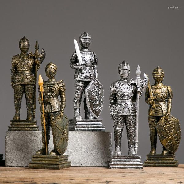 Figuras decorativas Medieval europeo estaño guerrero samurái escultura muñeca caballería soldado caballeros estatua de resina decoraciones para el hogar