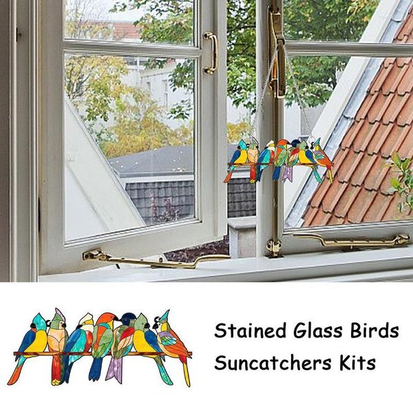 Figurines décoratives en métal teinté, panneau d'oiseau, fenêtre en verre suspendue, mini ornements de maison, joli attrape-soleil avec ventouse pour la décoration