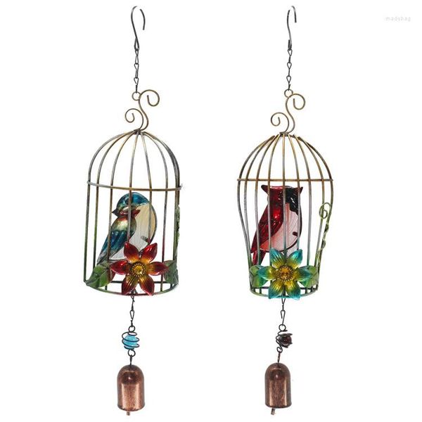 Figurines décoratives en métal tridimensionnel Cage à oiseaux carillons éoliens fer verre peinture cloche artisanat jardin balcon ornements suspendus