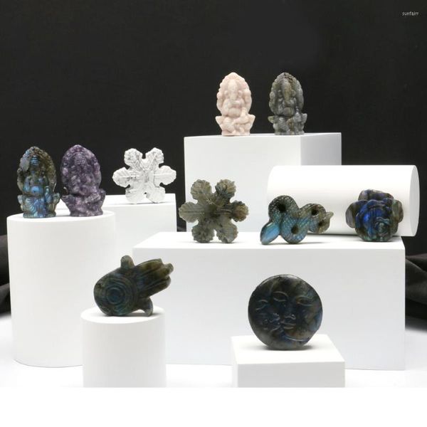 Figuras decorativas Mineraali Hermosa Reiki Labradorita Natural Rosa Flor en Forma de Cristal Tallado Piedra Labradorita curativa Azul para