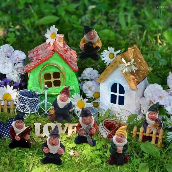 Figuras decorativas Estatuas de mini gnomos 7 piezas Pequeñas hadas jardín de hadas resina elfo dwarf figurine adorno para escritorio de sala de juguetes