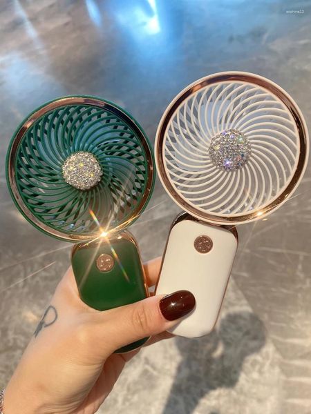 Figuras decorativas Mini Handheld Fan Charging Portable con Ventiladores de Mesa de Bracket de Rhinestons Enfriador de aire de motor silencioso sin escobillas para el hogar