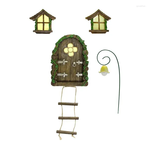 Figurines décoratines gnome gnome fée fenêtre et porte pour les arbres brillent dans la cour de jardin sombre jardin sculpture pelouse ornement