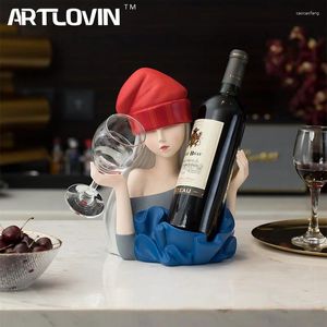 Figurines décoratives Style européen moderne fille Sculpture rouge casier à vin support en verre décor à la maison mode buste lumineux multicolore cadeaux de mariage