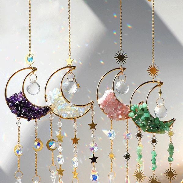 Figurines décoratives Lune Crystal suspendu Suncatcher avec un ornement de pendentif en chaîne pour la fenêtre de la fenêtre Décorations murales