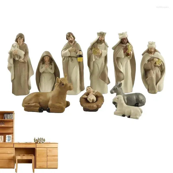 Figuras decorativas Adorno de Belén 10 Piezas Conjunto de Figuras navideñas portátiles Adornos Reutilizables del Nacimiento de Jesús Resina Flexible