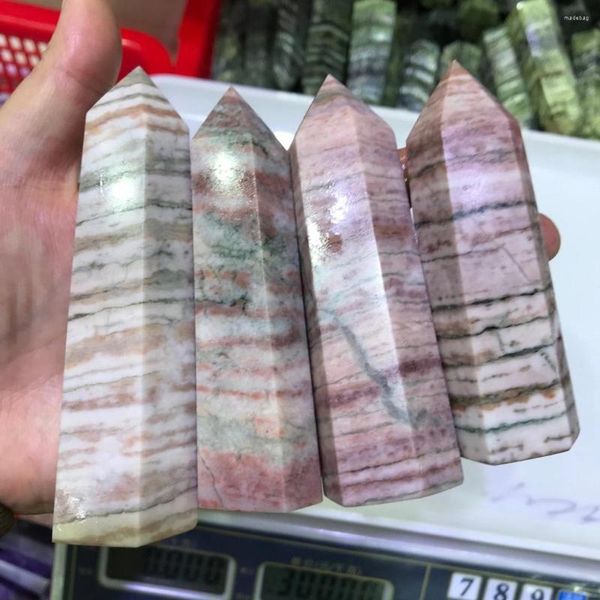 Figuritas decorativas Natural African Rose Stripe Jade Crystal Tower Mineral Obelisk Jasper Point Espiritual Healing Stone Adorno Feng Shui