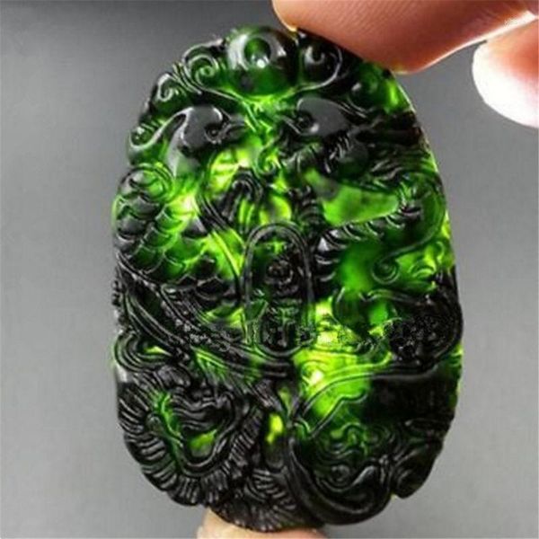 Figurines décoratives en Jade vert noir naturel sculpté, pendentif Dragon phénix, collier amulette, bijoux