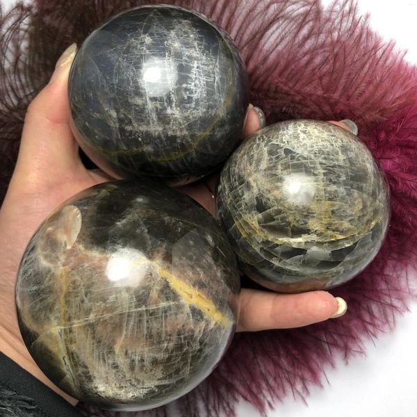 Figuras decorativas Natural Black Moonstone Sphere Quartz Mineral Crystals Gemstones Ball Reiki Healing Fine Home Decoration