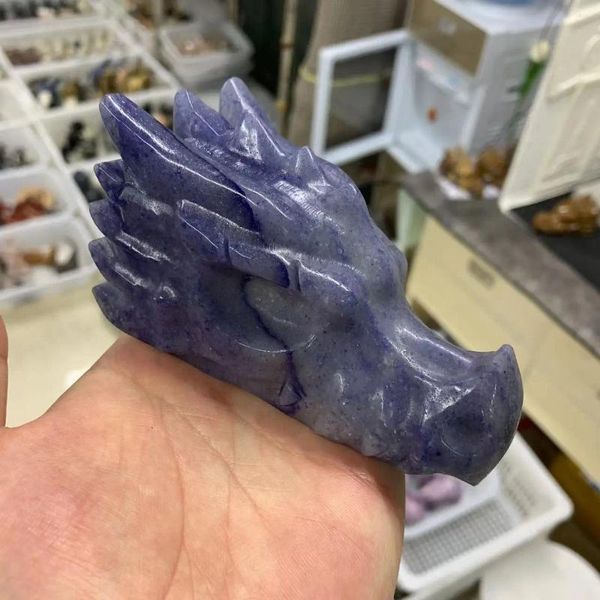 Figuras decorativas Dongling azul natural Jade tallado cabeza de dragón pulido ágata piedra hueso cristal mineral tratamiento Reiki hogar
